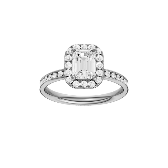 Emerald-cut diamond engagement ring with a channel-set diamond band and halo setting.