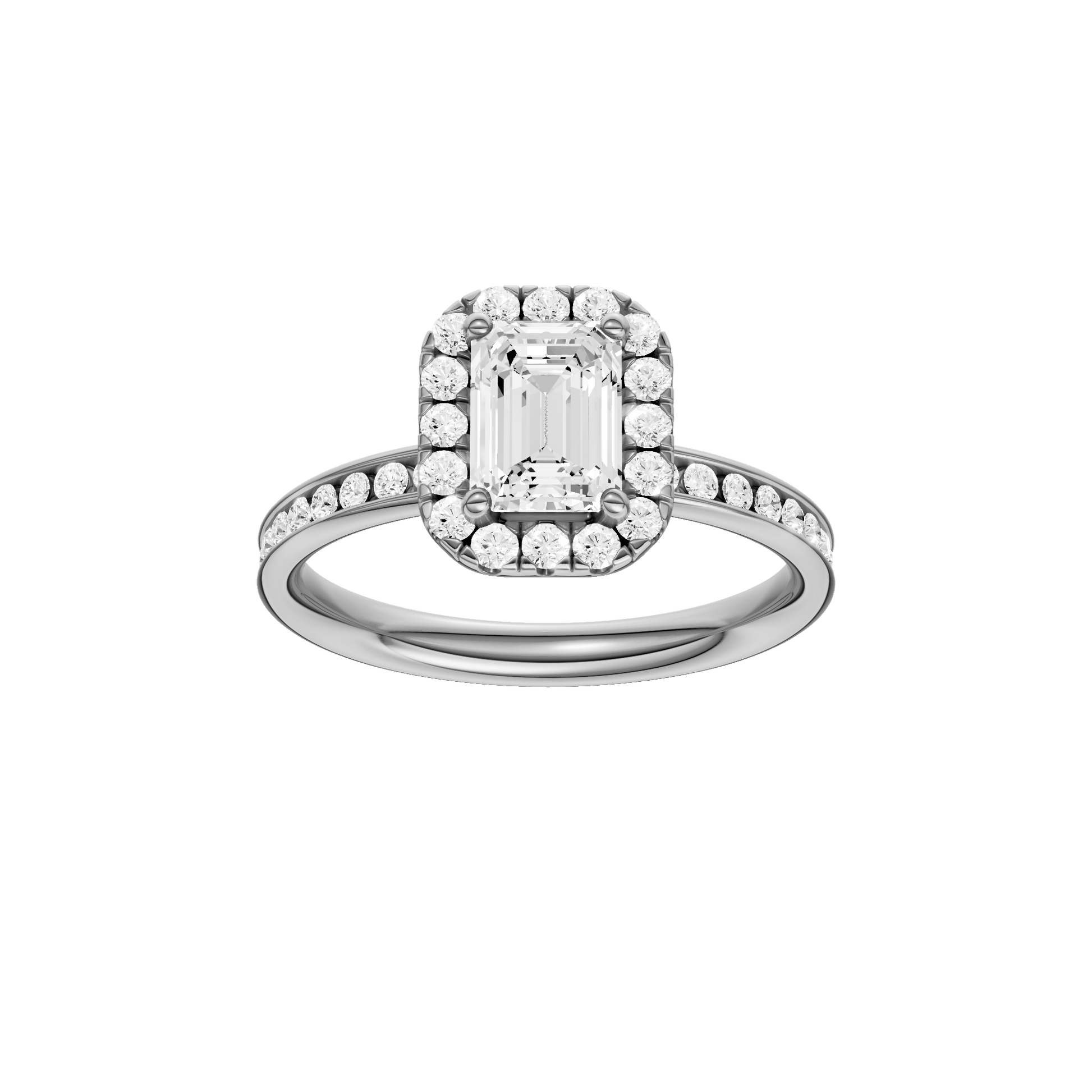 Emerald-cut diamond engagement ring with a channel-set diamond band and halo setting.