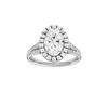 Oval-cut diamond engagement ring with a channel-set diamond band and halo setting.