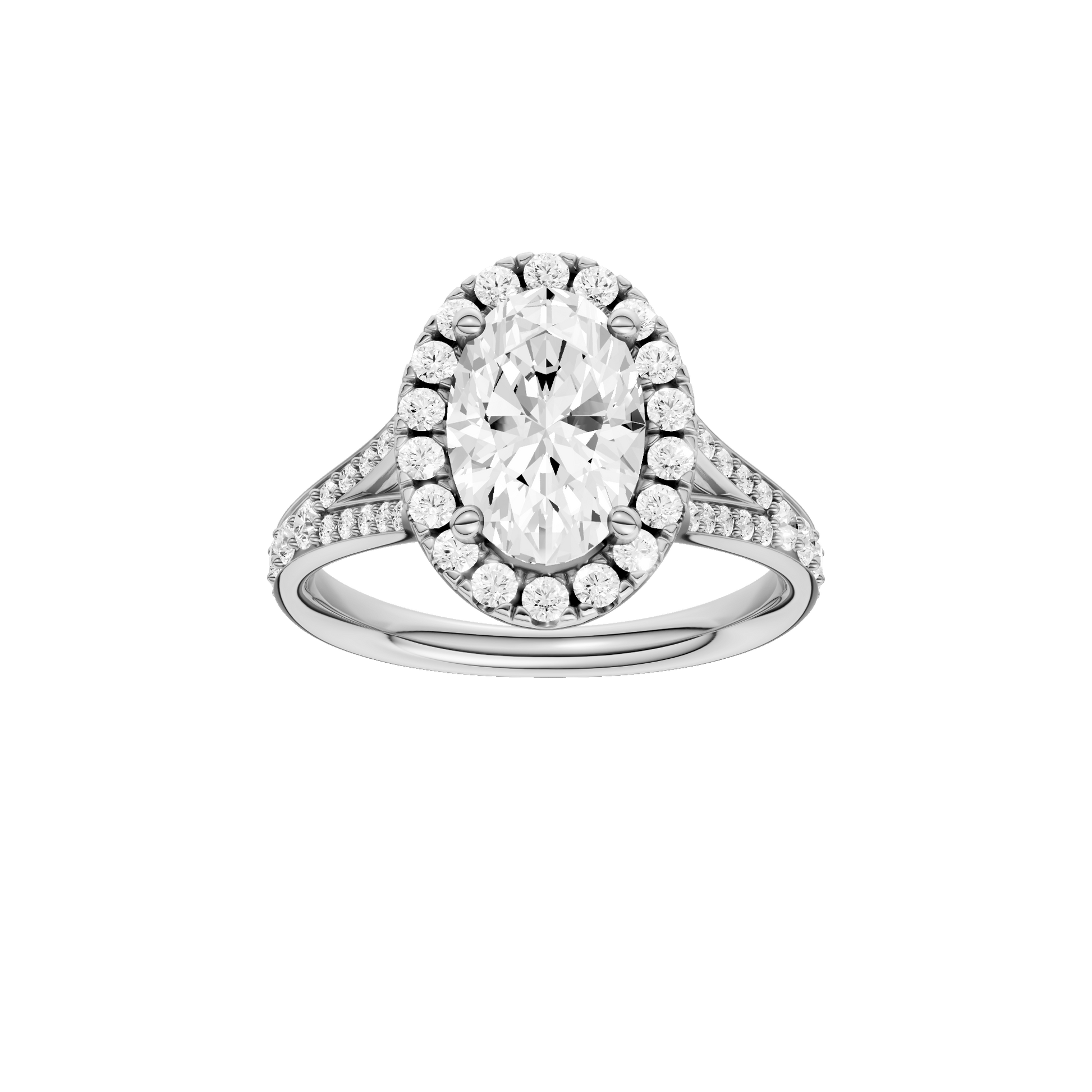 Oval-cut diamond engagement ring with a channel-set diamond band and halo setting.