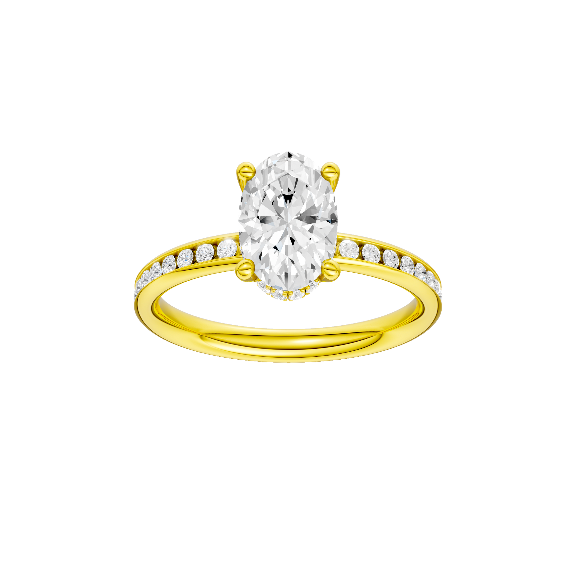 Oval-cut diamond engagement ring with a channel-set diamond band and hidden-halo setting.
