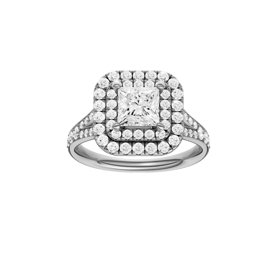 Princess-cut diamond engagement ring with a channel-set diamond band and double-halo setting.