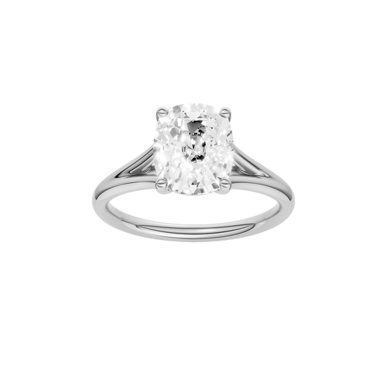 Elongated cushion-cut diamond engagement ring with a plain band and solitaire setting.