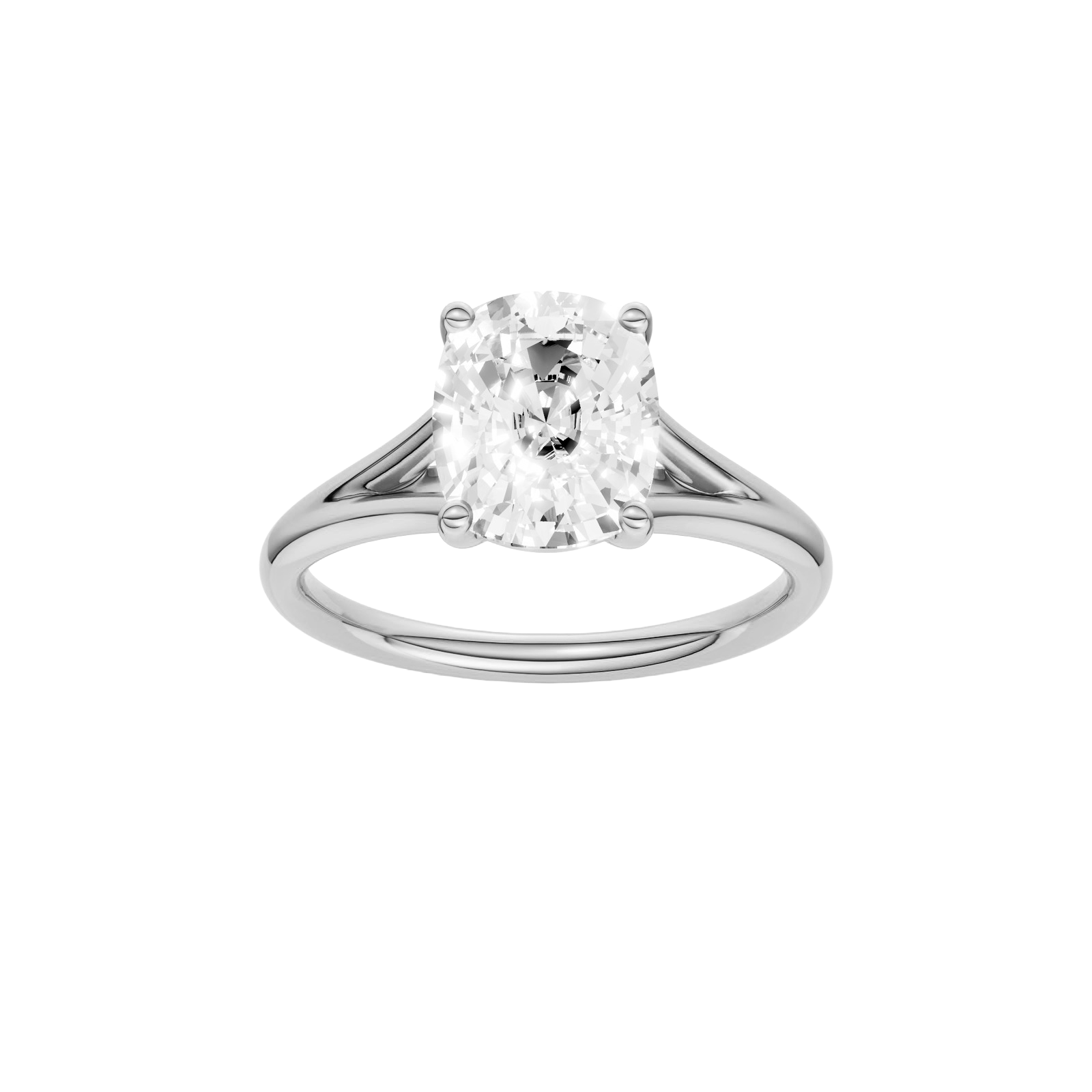 Elongated cushion-cut diamond engagement ring with a plain band and solitaire setting.