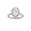 Oval-cut diamond engagement ring with a plain band and halo setting.