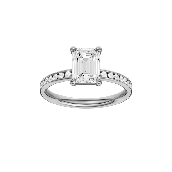 Emerald-cut diamond engagement ring with a channel-set diamond band and solitaire setting.