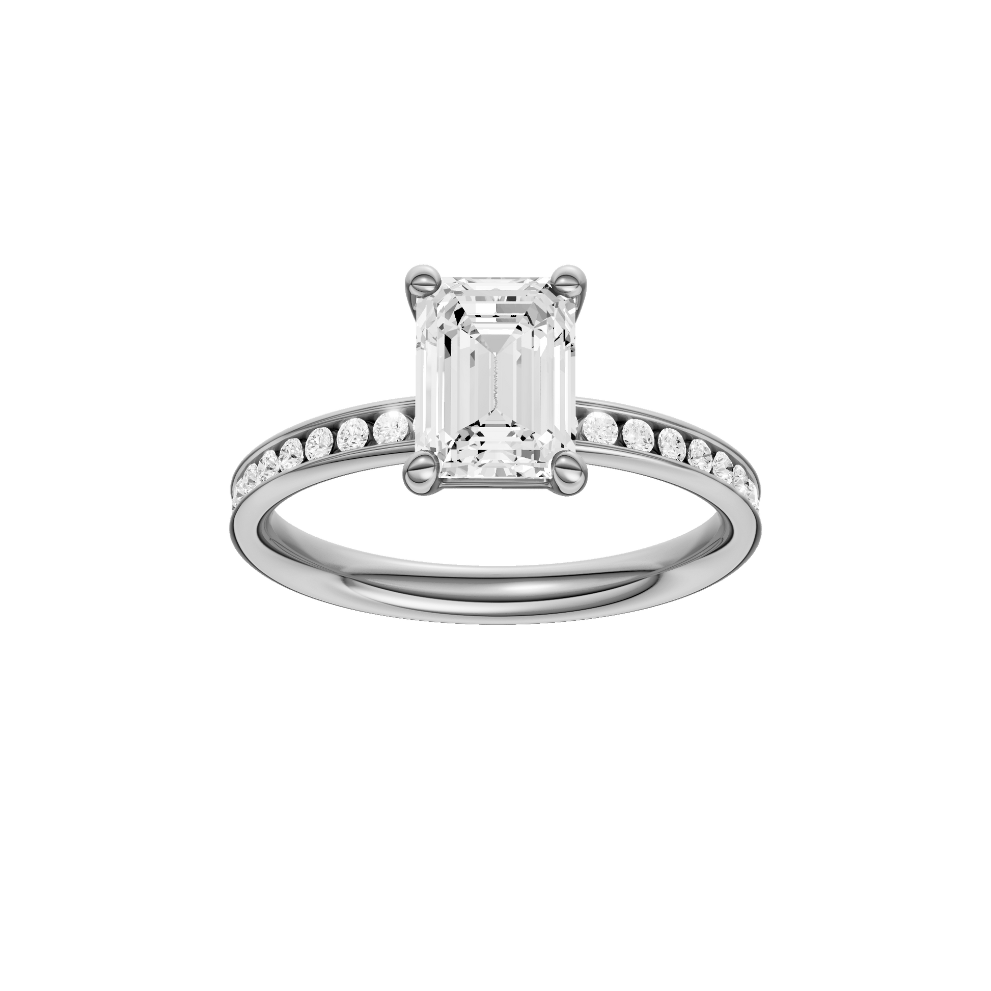 Emerald-cut diamond engagement ring with a channel-set diamond band and solitaire setting.