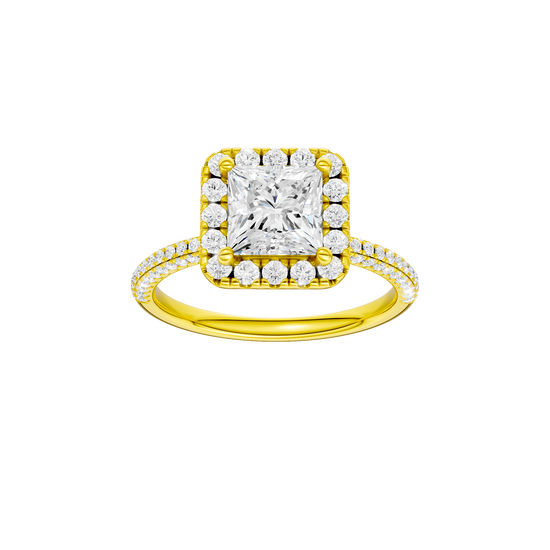 Princess-cut diamond engagement ring with a pavé-set diamond band and halo setting.