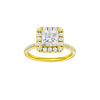 Princess-cut diamond engagement ring with a pavé-set diamond band and halo setting.