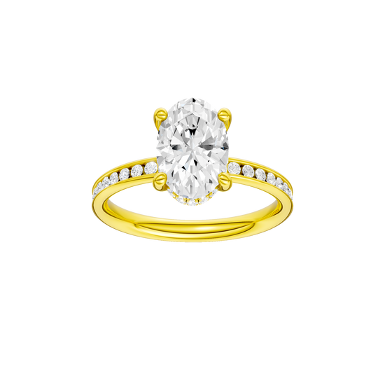 Oval-cut diamond engagement ring with a channel-set diamond band and hidden-halo setting.