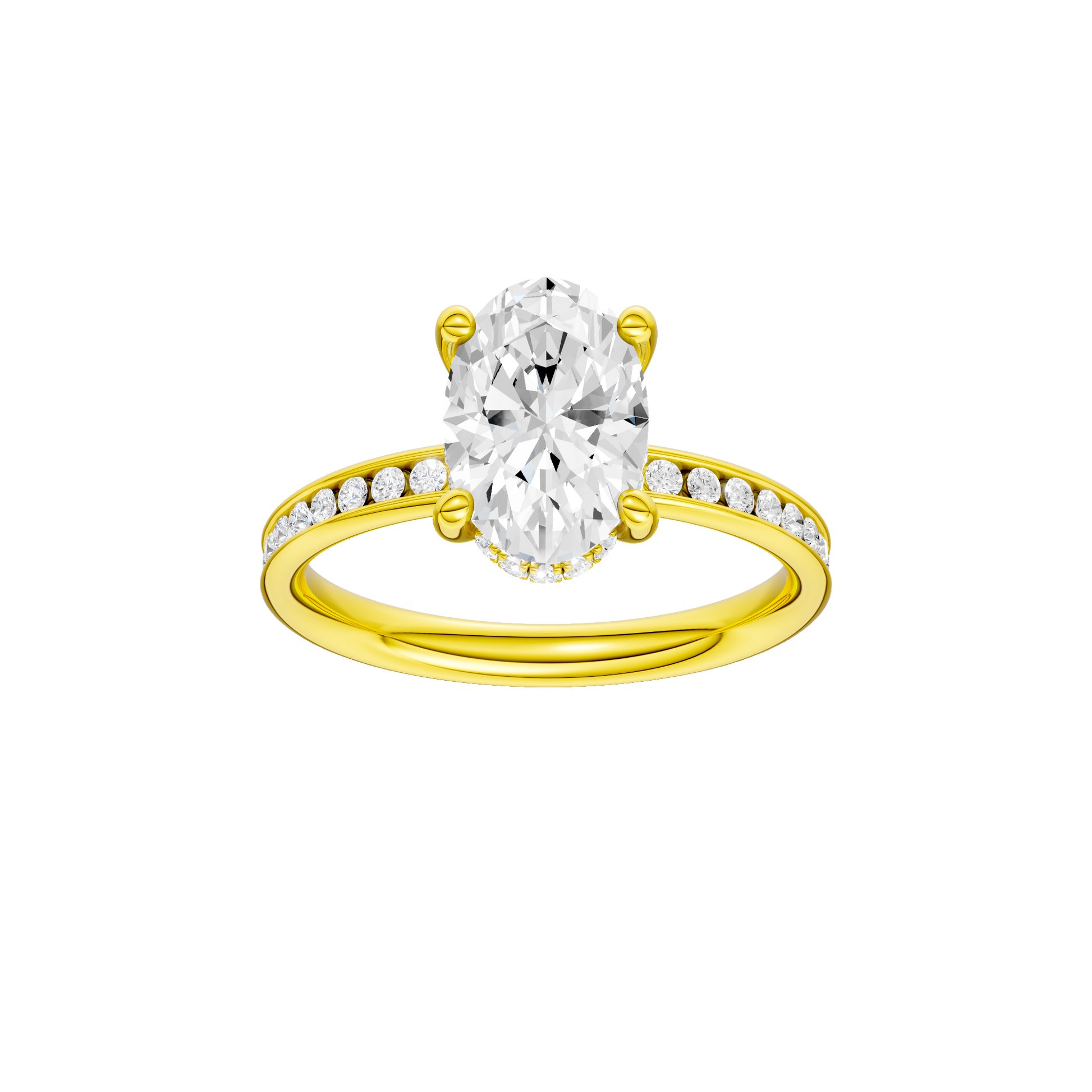 Oval-cut diamond engagement ring with a channel-set diamond band and hidden-halo setting.