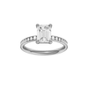 Emerald-cut diamond engagement ring with a channel-set diamond band and solitaire setting.