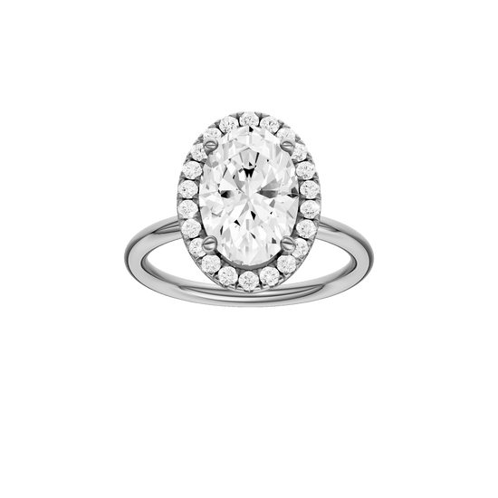 Oval-cut diamond engagement ring with a plain band and halo setting.