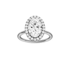 Oval-cut diamond engagement ring with a plain band and halo setting.