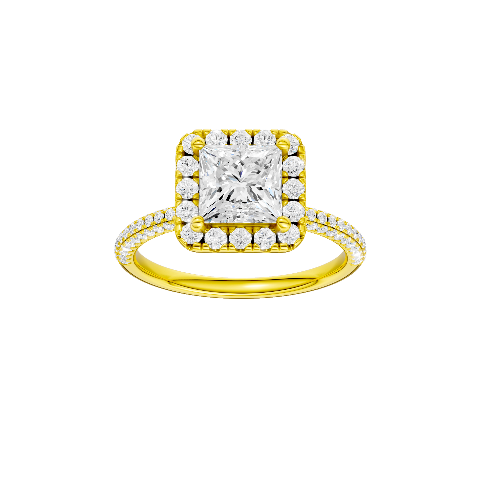 Princess-cut diamond engagement ring with a pavé-set diamond band and halo setting.