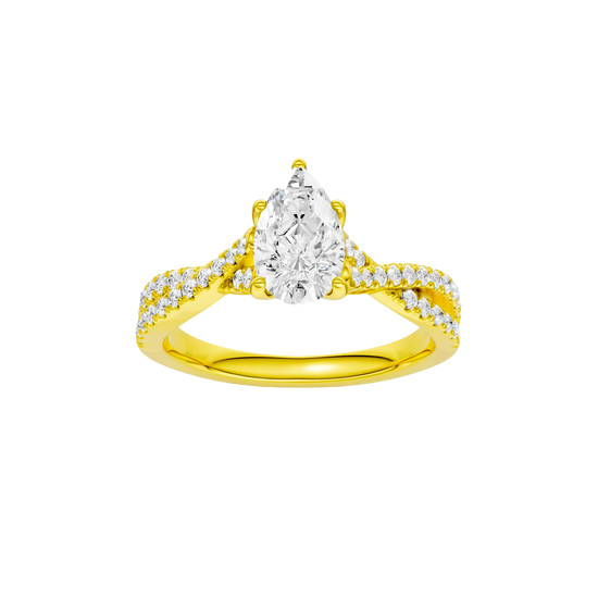 Pear-cut diamond engagement ring in 14k yellow gold with a prong-set diamond band and twist setting