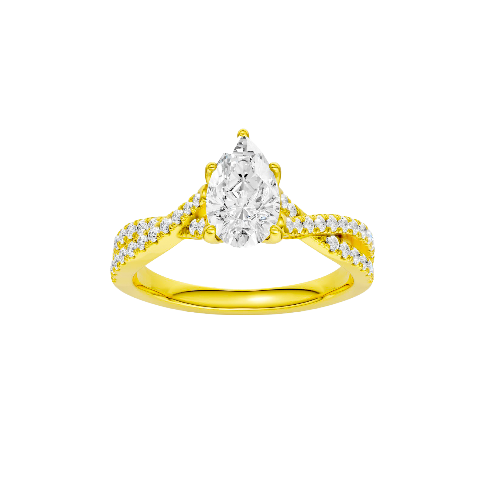 Pear-cut diamond engagement ring in 14k yellow gold with a prong-set diamond band and twist setting