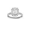Emerald-cut diamond engagement ring with a channel-set diamond band and halo setting.