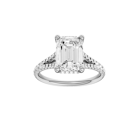 Emerald-cut diamond engagement ring with a prong-set diamond band and hidden-halo setting.