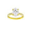 Oval-cut diamond engagement ring with a channel-set diamond band and hidden-halo setting.