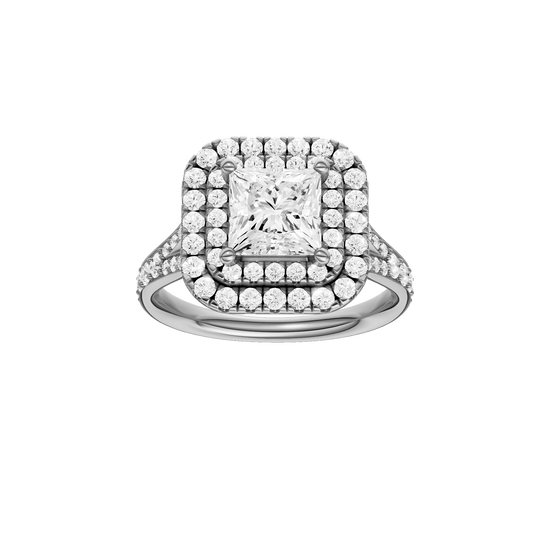 Princess-cut diamond engagement ring with a channel-set diamond band and double-halo setting.