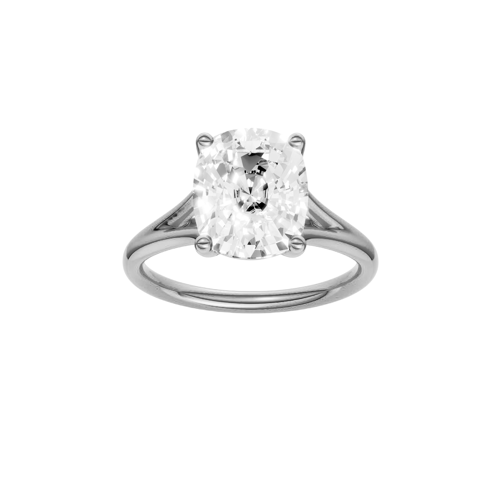 Elongated cushion-cut diamond engagement ring with a plain band and solitaire setting.