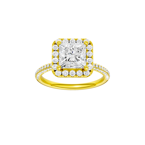 Princess-cut diamond engagement ring with a pavé-set diamond band and halo setting.