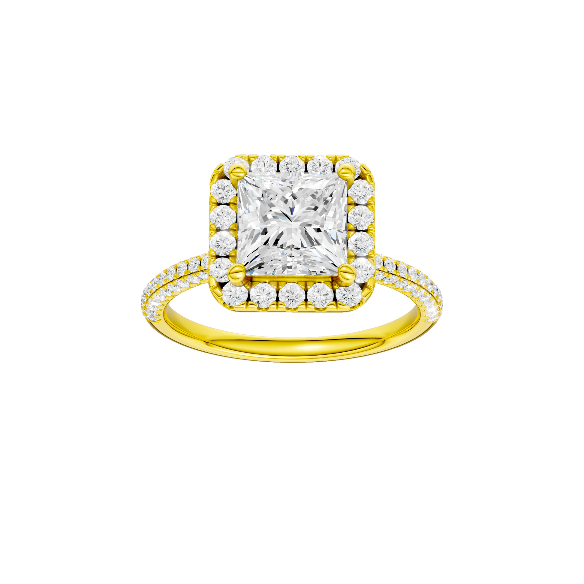 Princess-cut diamond engagement ring with a pavé-set diamond band and halo setting.