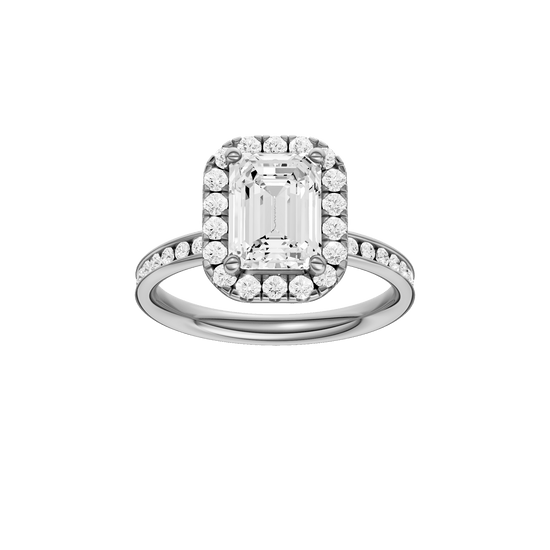 Emerald-cut diamond engagement ring with a channel-set diamond band and halo setting.