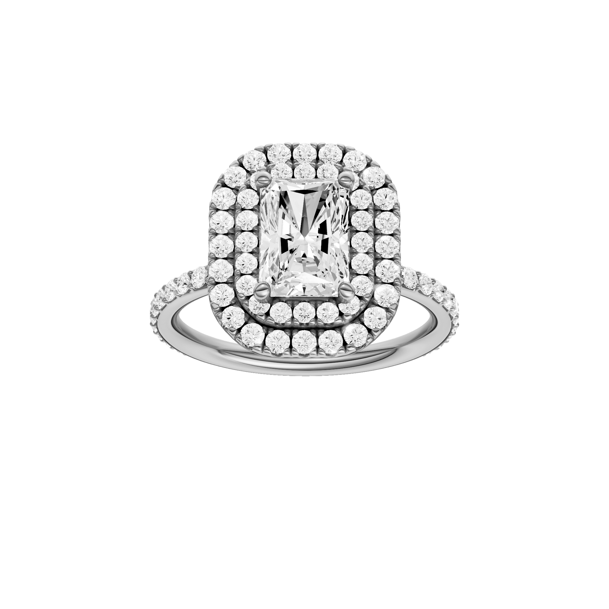 Radiant-cut diamond engagement ring with a prong-set diamond band and double-halo setting.