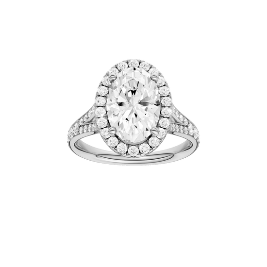 Oval-cut diamond engagement ring with a channel-set diamond band and halo setting.