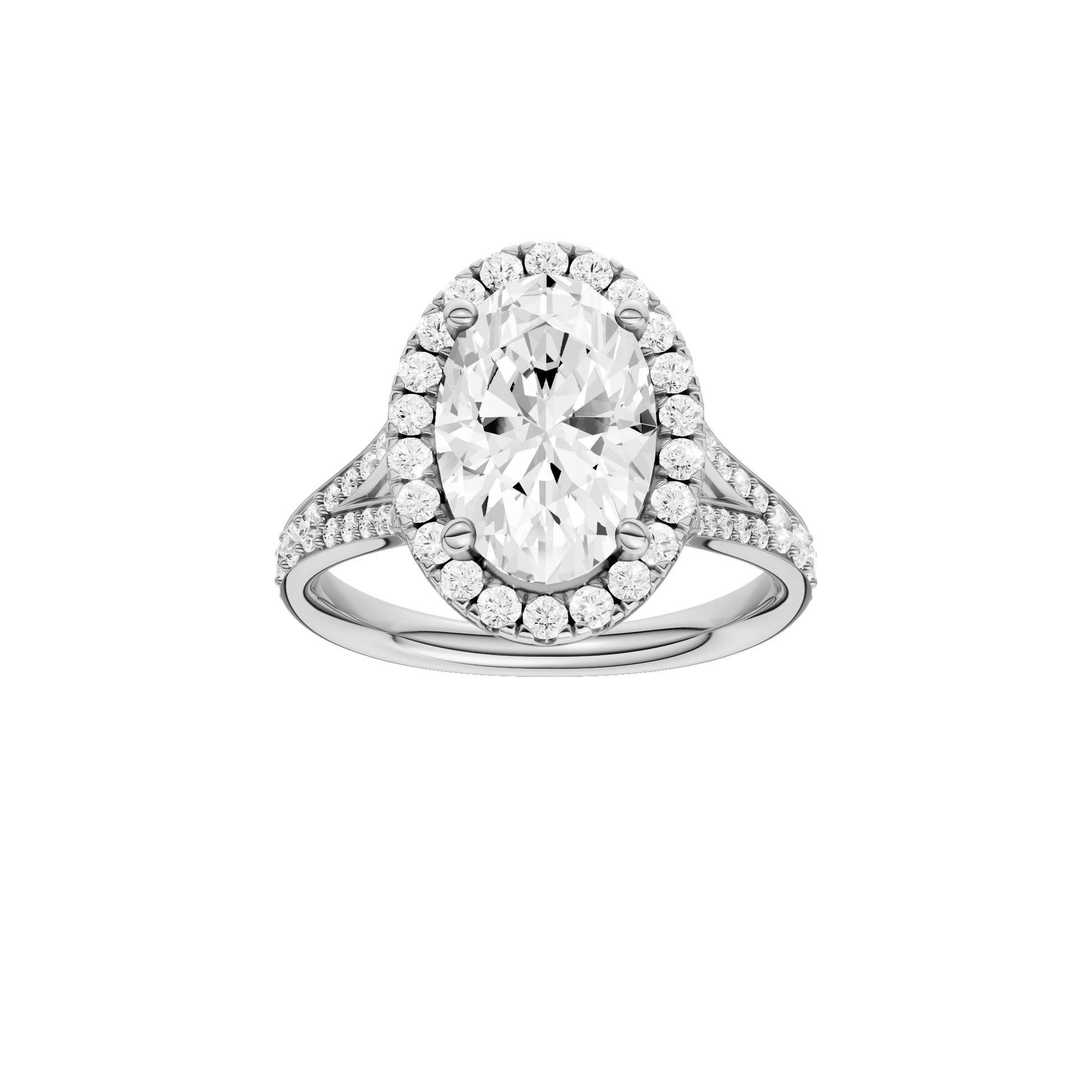 Oval-cut diamond engagement ring with a channel-set diamond band and halo setting.