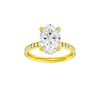 Oval-cut diamond engagement ring with a channel-set diamond band and hidden-halo setting.