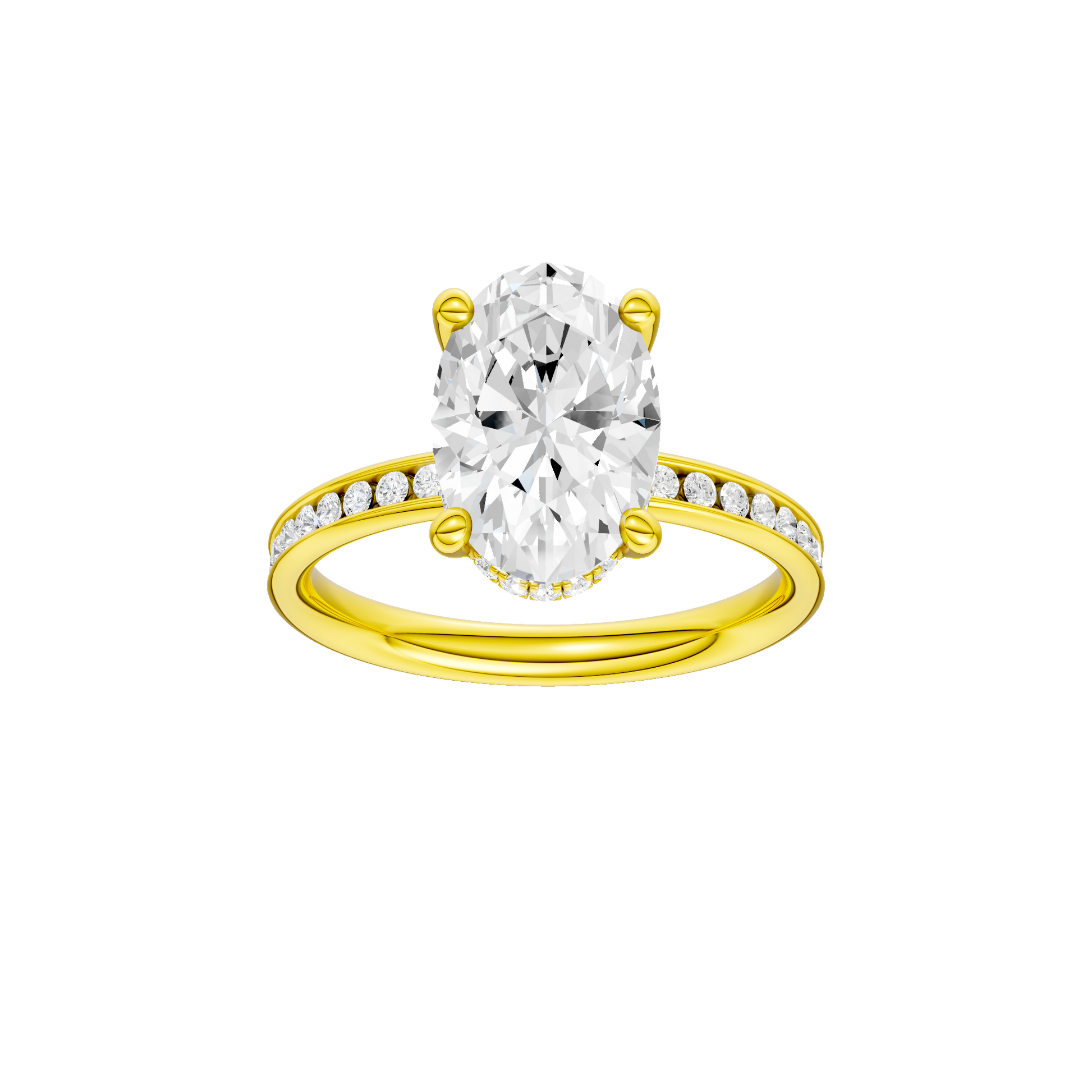 Oval-cut diamond engagement ring with a channel-set diamond band and hidden-halo setting.