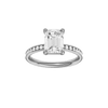 Emerald-cut diamond engagement ring with a channel-set diamond band and solitaire setting.