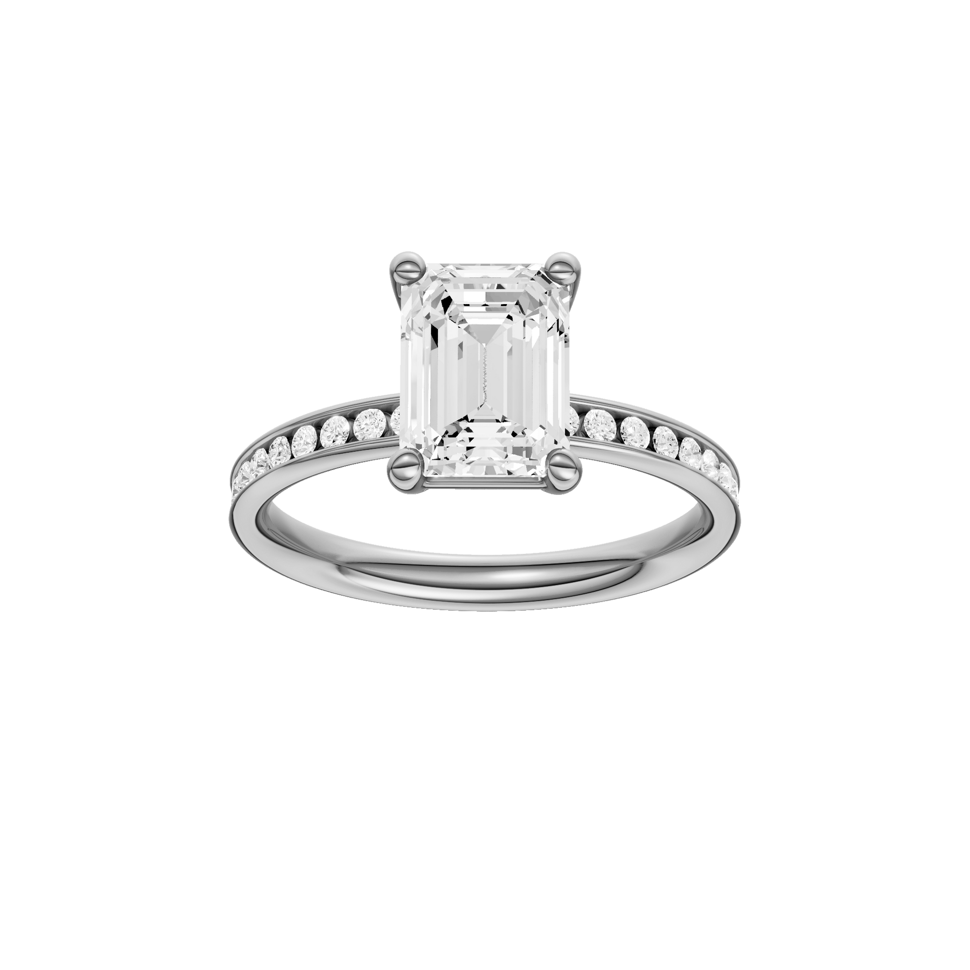 Emerald-cut diamond engagement ring with a channel-set diamond band and solitaire setting.