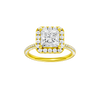 Princess-cut diamond engagement ring with a pavé-set diamond band and halo setting.