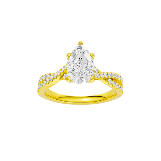 Pear-cut diamond engagement ring in 14k yellow gold with a prong-set diamond band and twist setting