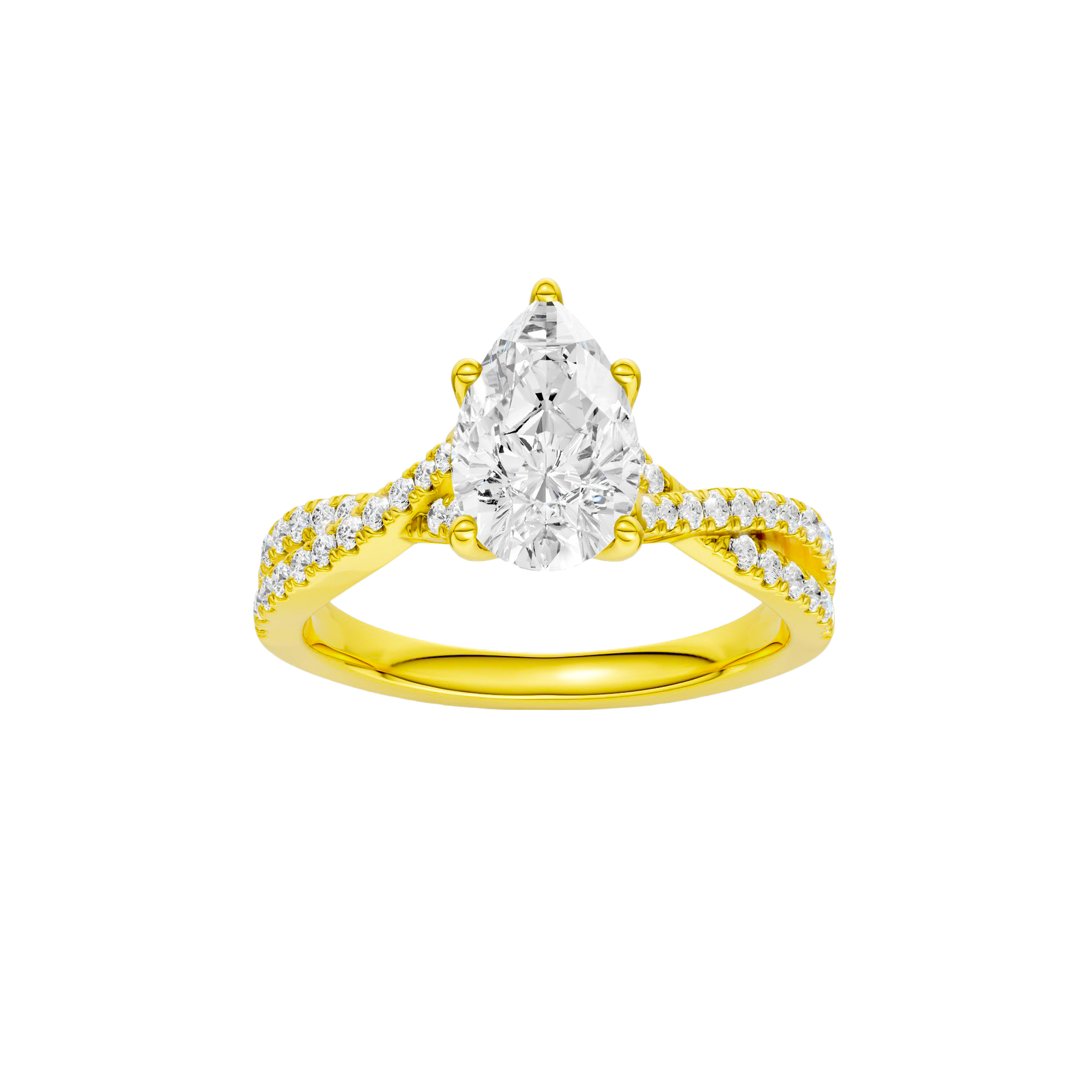 Pear-cut diamond engagement ring in 14k yellow gold with a prong-set diamond band and twist setting