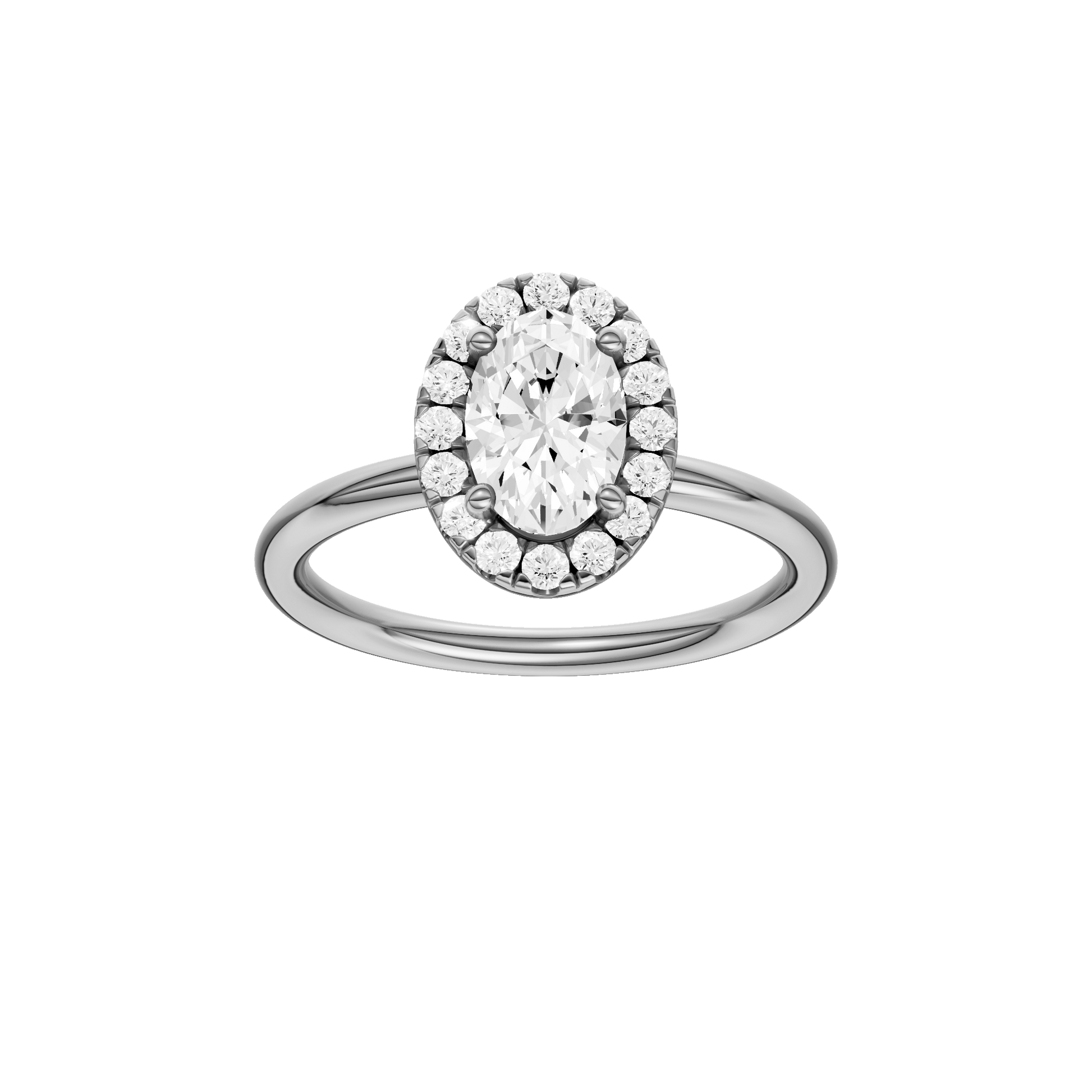 Oval-cut diamond engagement ring with a plain band and halo setting.