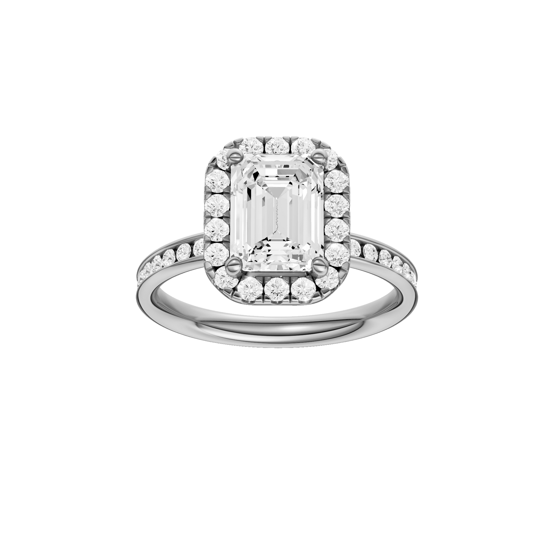 Emerald-cut diamond engagement ring with a channel-set diamond band and halo setting.