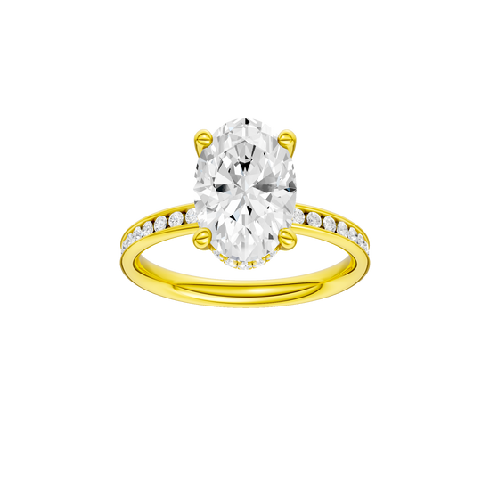 Oval-cut diamond engagement ring with a channel-set diamond band and hidden-halo setting.