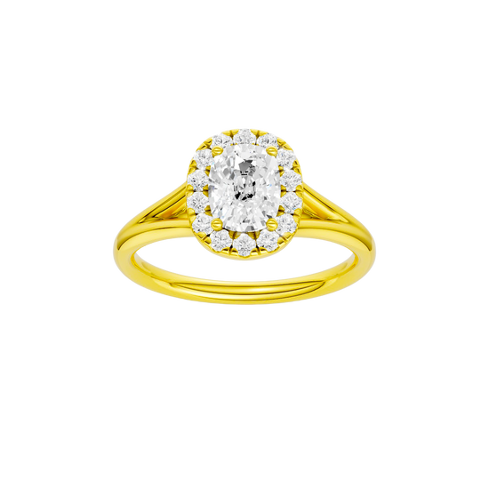Elongated cushion-cut diamond engagement ring with a plain band and halo setting.