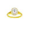 Elongated cushion-cut diamond engagement ring with a plain band and halo setting.