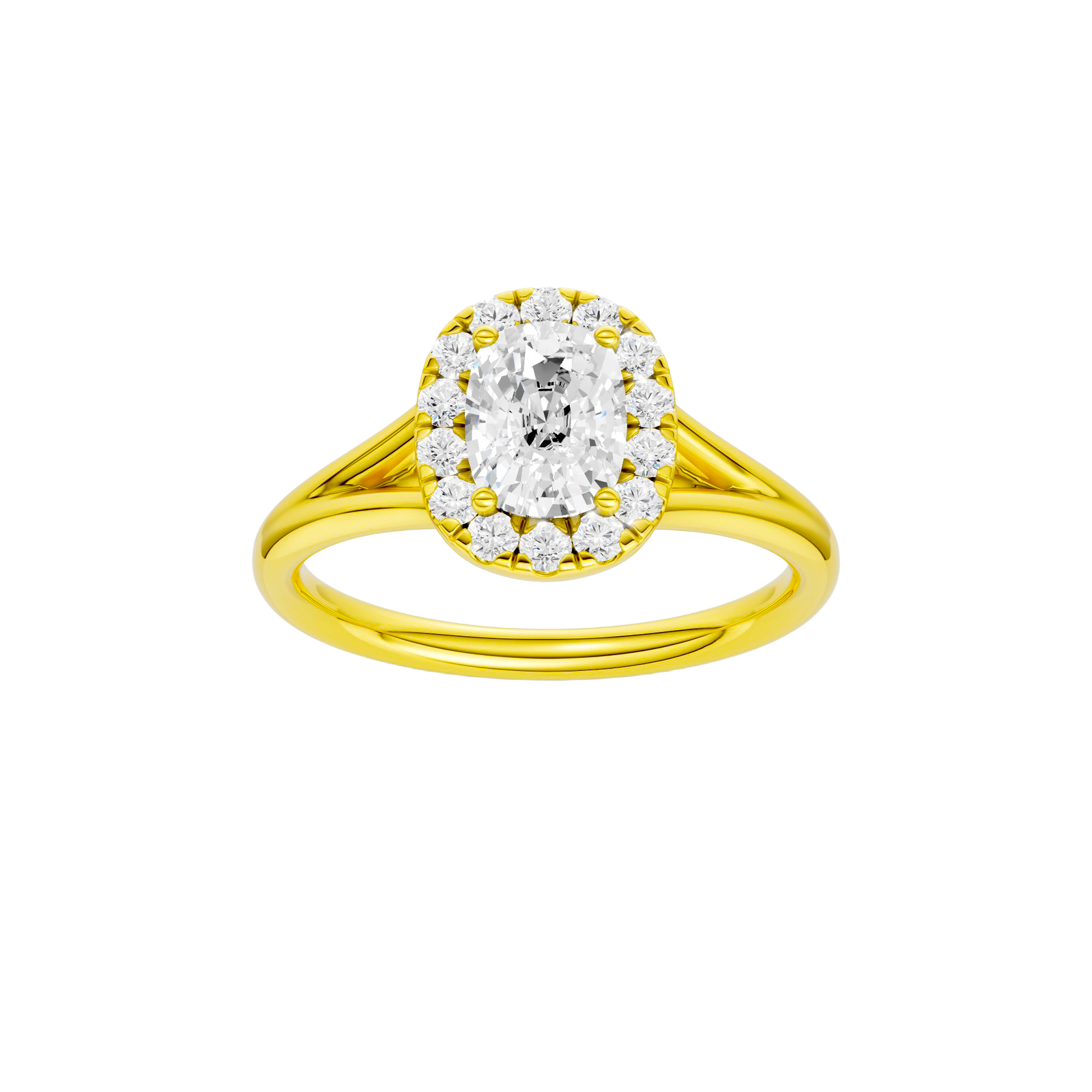 Elongated cushion-cut diamond engagement ring with a plain band and halo setting.