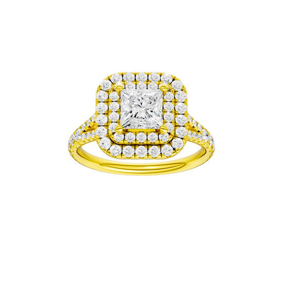 Princess-cut diamond engagement ring with a prong-set diamond band and double-halo setting.