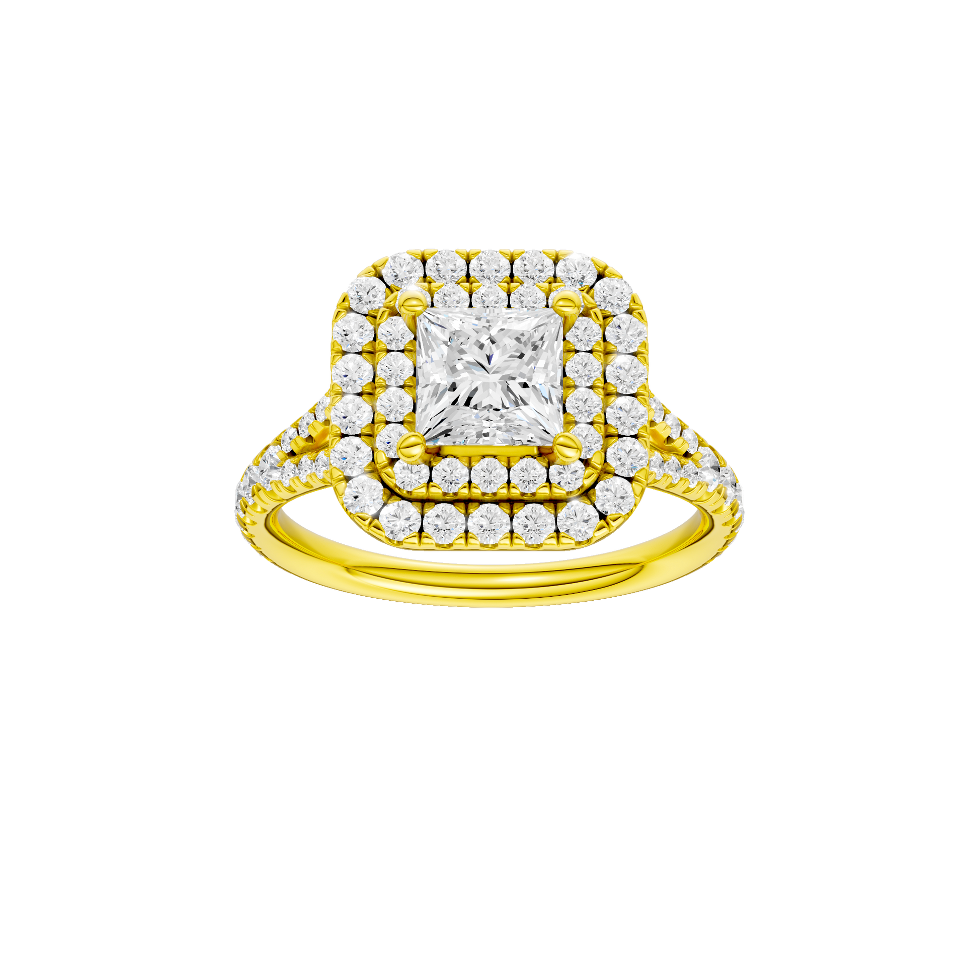 Princess-cut diamond engagement ring with a prong-set diamond band and double-halo setting.