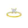 Princess-cut diamond engagement ring with a prong-set diamond band and hidden-halo setting.