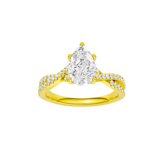 Pear-cut diamond engagement ring in 14k yellow gold with a prong-set diamond band and twist setting