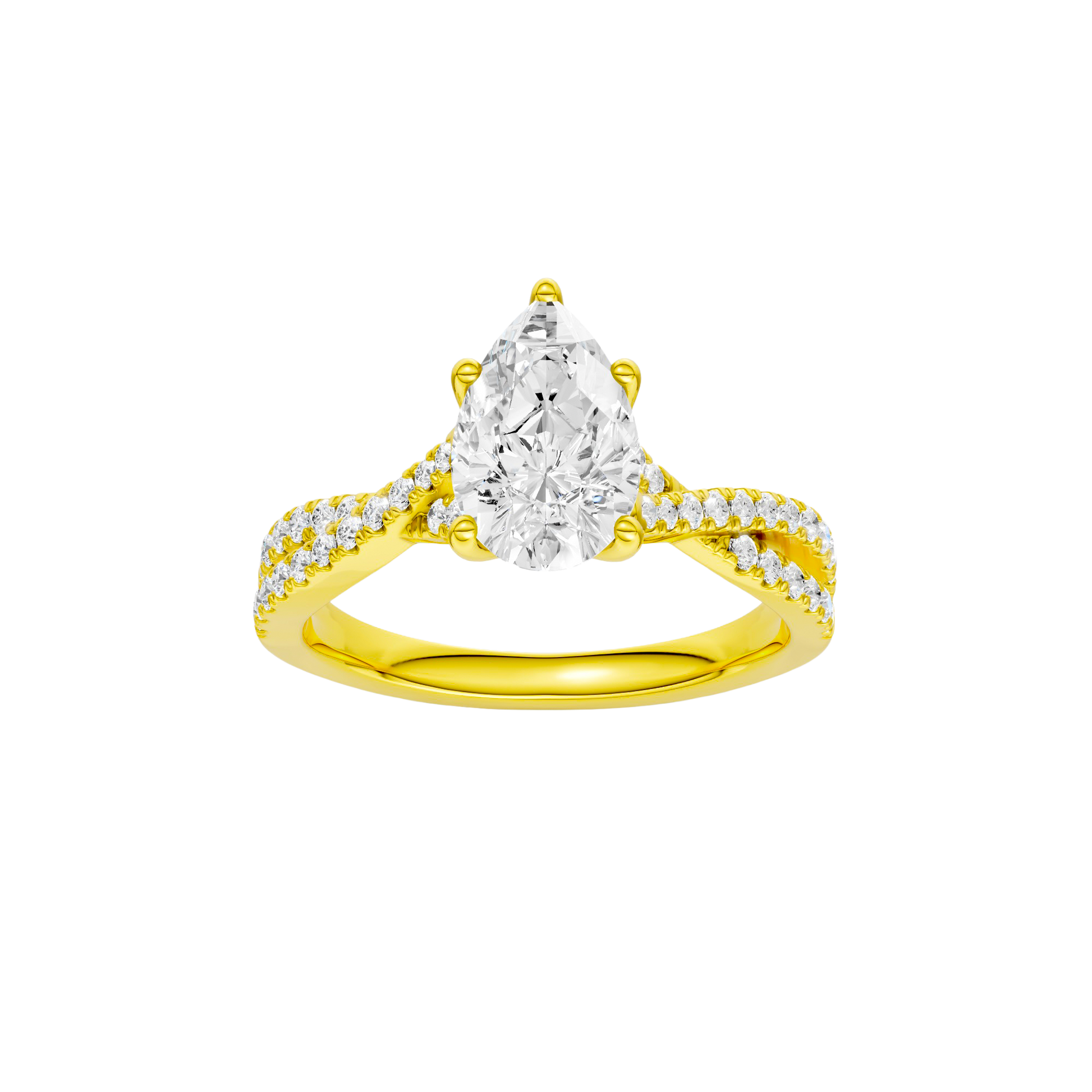 Pear-cut diamond engagement ring in 14k yellow gold with a prong-set diamond band and twist setting
